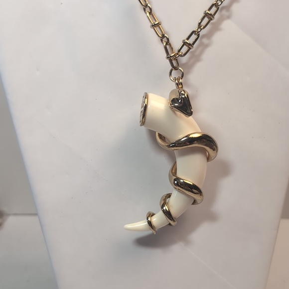 Tory Burch Horn and Serpent Pendant Necklace 29" Long Gold Tone & Cream - Picture 2 of 12